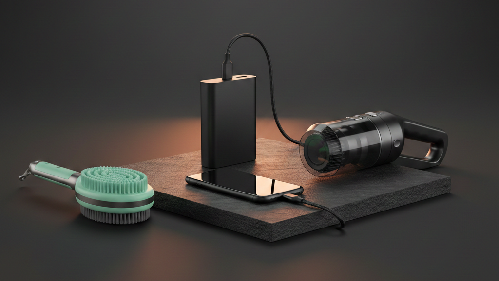 Grooming tools including a brush, hair dryer, and charging station on a dark surface.